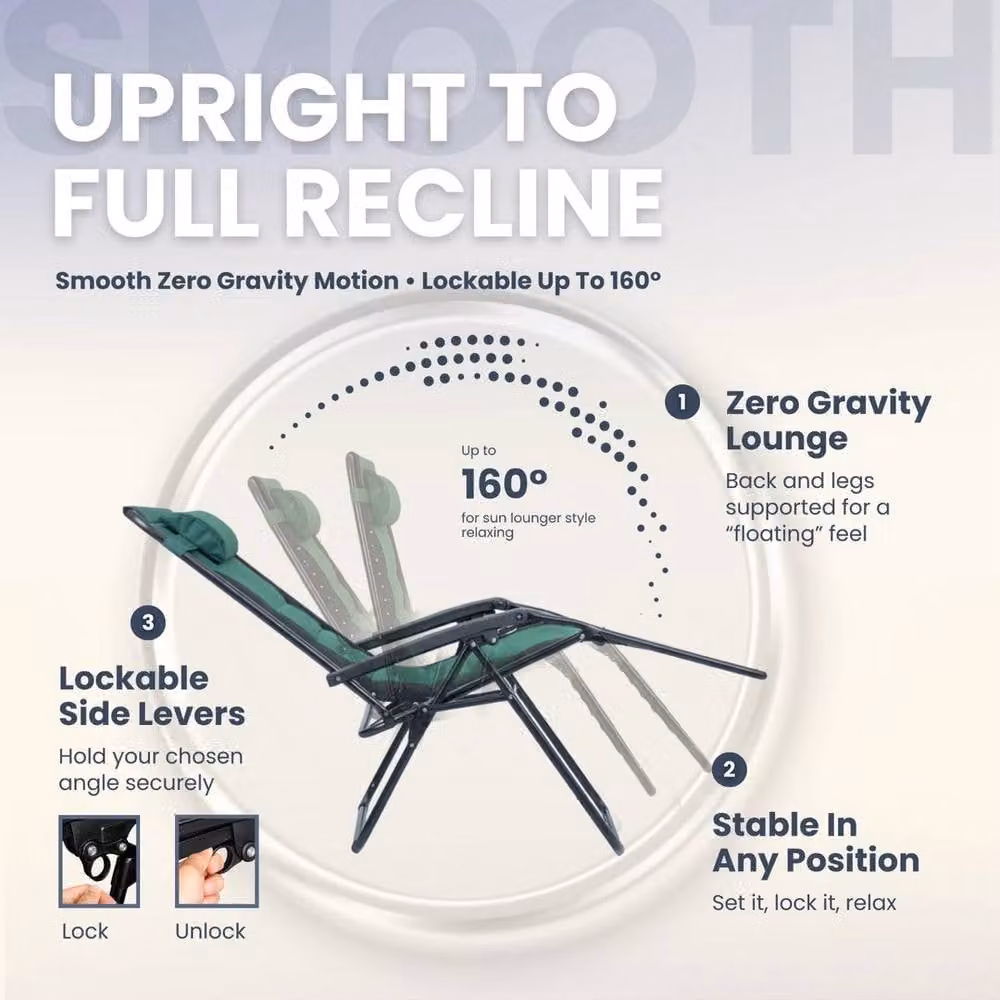 EONLION Set of 2 XXL Zero Gravity Garden Chairs in Black with Adjustable Headrest and Foldable Design – 2