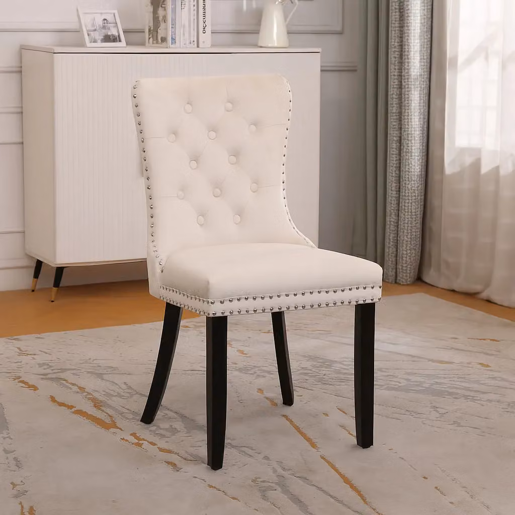 Neo Set of Four Studded Velvet Dining Chairs with Ring Knocker Detail in Natural – 3