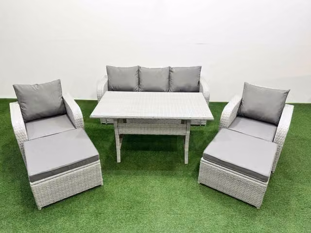 Fimous PE Rattan Garden Furniture Set in Light Grey with Reclining Chairs, Sofa, Rectangular Dining Table and 2 Footstools