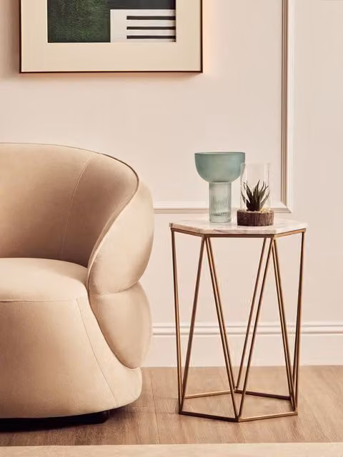Orsina Gold Hexagonal Side Table with White Marble Top