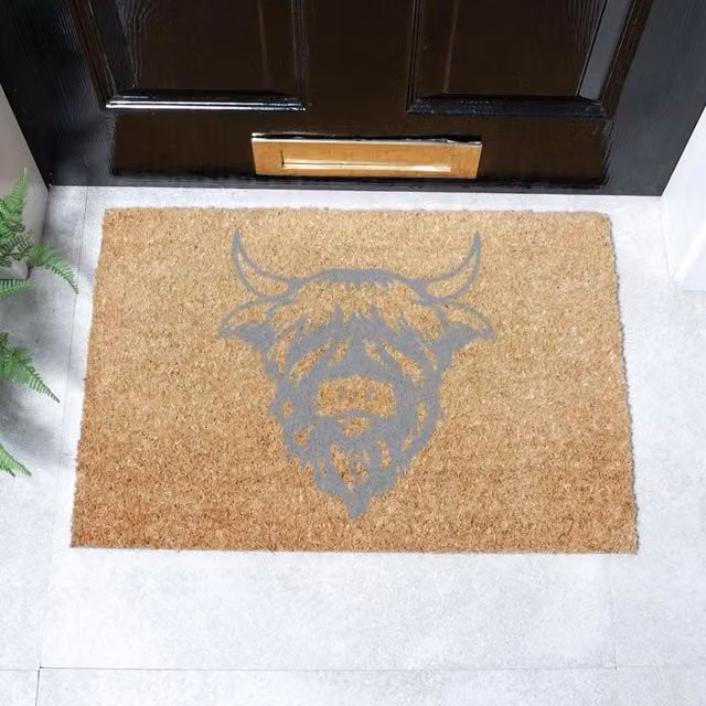 Artsy Mats Grey Highland Cow Doormat, W: 60 cm, D: 40 cm