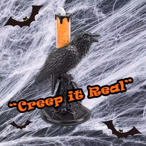 VFM e-Store Flameless Halloween Crow Candle in Orange, H 20.3 cm x W 20.3 cm x D 10.0 cm – 5