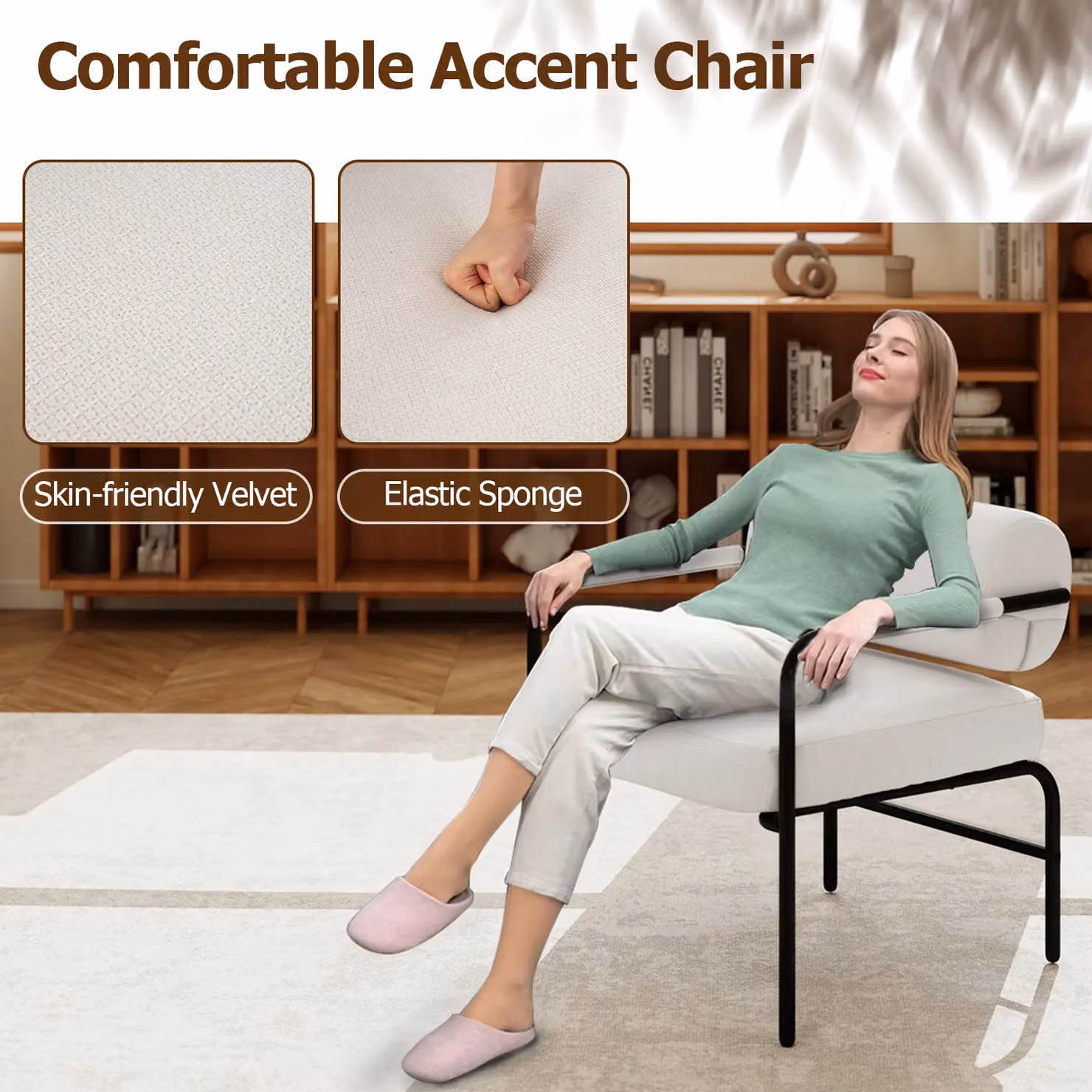 Gymax White Velvet Upholstered Accent Chair with Metal Frame – 4