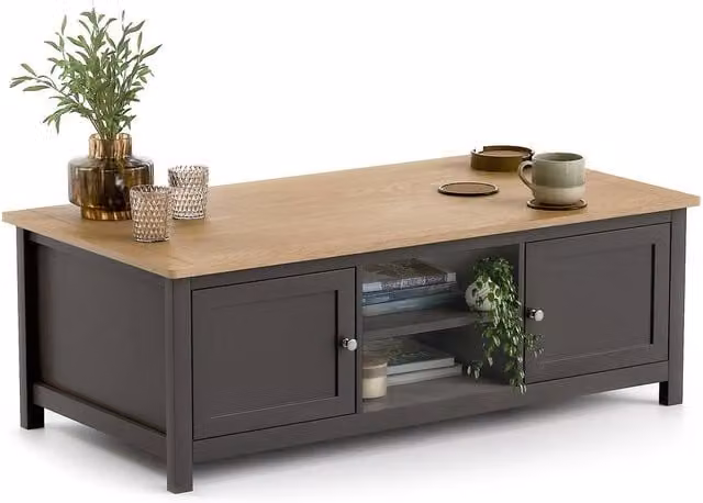 Christow Coffee Table with Oak Effect Top, Cupboards and Shelves in Charcoal Grey, W/D/H: 115 x 40 x 60 cm – 1