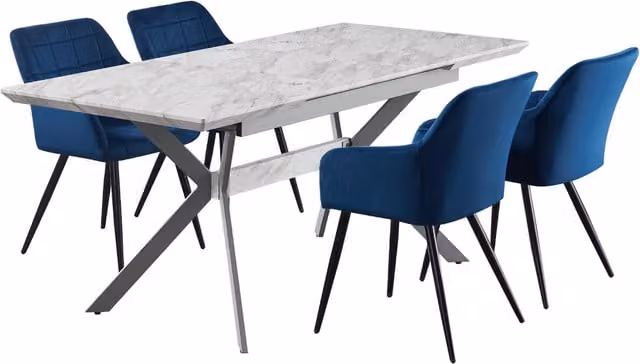 Life Interiors Blaze Camden Modern Rectangular Dining Set with Marble Effect Glass Table and Upholstered X-Frame Chairs in Grey