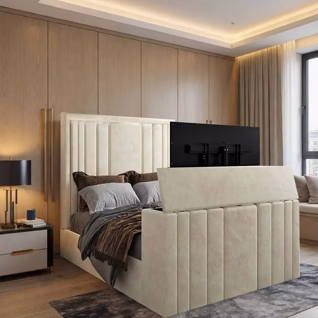 KDMD Yedingham Upholstered Soft Velvet Bed Frame in Beige, Small Double, W/D/H: 120 x 200 cm