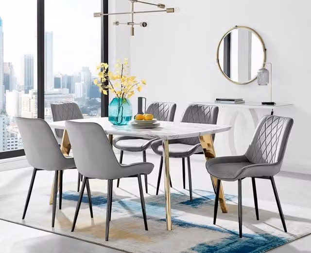 FurnitureboxUK Andria Grey Marble Effect Dining Table with Gold Legs and 6 Pesaro Black Leg Chairs