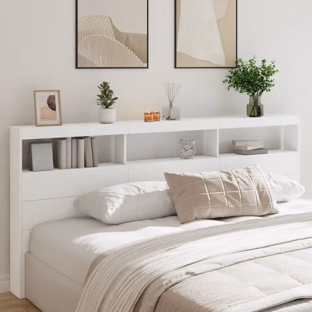 Berkfield Home Modern White Wall Mount Headboard Cabinet with LED Lighting, Integrated Shelf and USB Charging Port, W/D/H: 220 x 17 x 102 cm – 1
