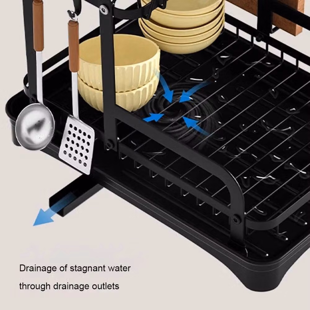 VOGREX 2-Tier Black Steel Kitchen Dish Drying Rack with Drip Tray, Cutlery Holder and Cup Holder – 4