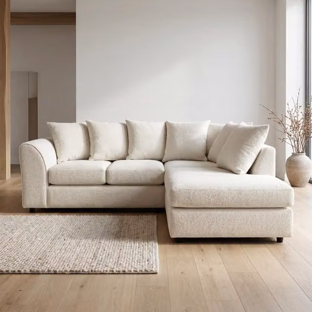 Abakus Direct Harriet Boucle Fabric Right Facing Corner Sofa with Chaise and Scatter Cushions in Cream