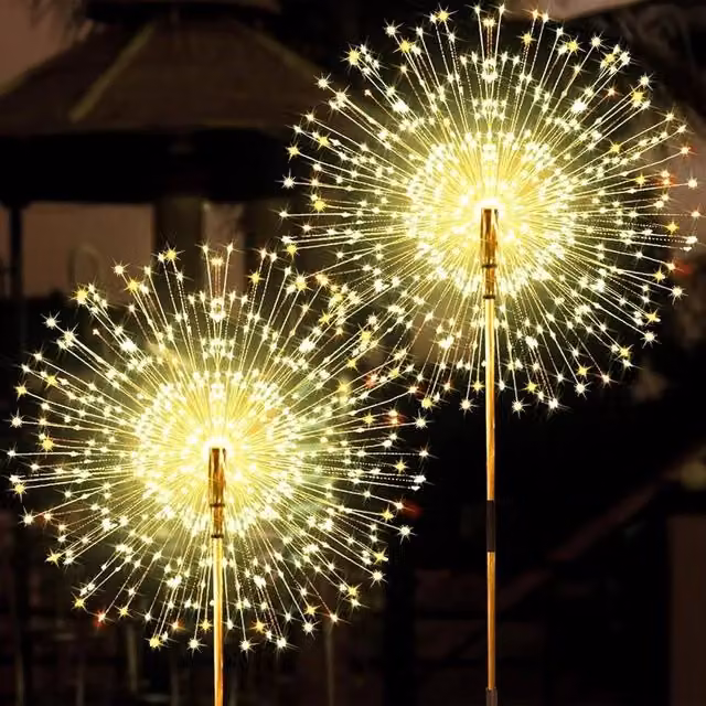 NESTLUNE Solar LED Warm White Firework Starburst Garden Path Lights with Metal Stakes, 2 Pack – 1
