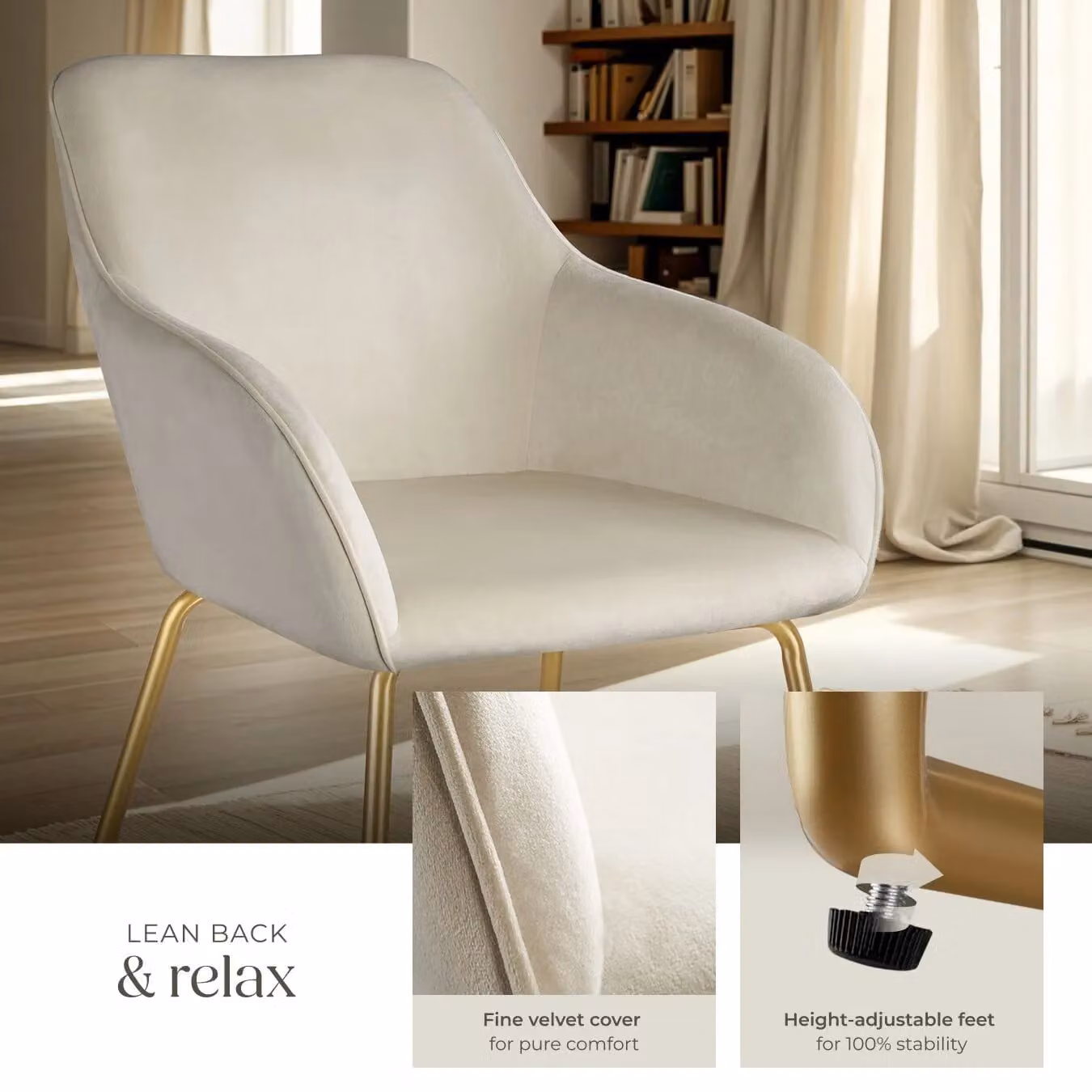 tectake Jeane Set of 2 Dining Chairs in Cream Velvet with Gold Details – 3