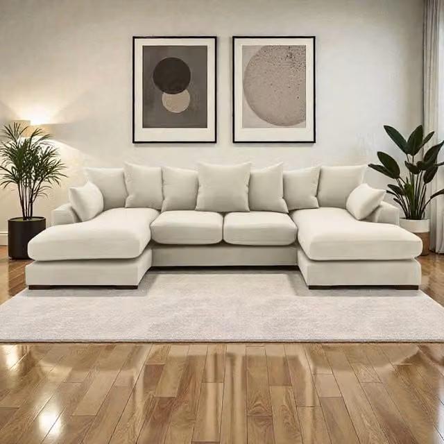 Snug Furniture Birmingham Ltd Linea Reversible U-Shape Double Ended Plush Velvet Sofa with Matching Ottoman and Scatter Cushions in Cream