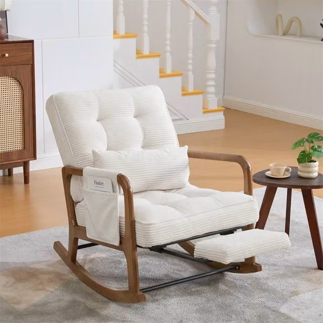 Direct Wicker Rocker Glider Chair with Footrest and Side Pocket, Light Beige Corduroy Upholstery – 1