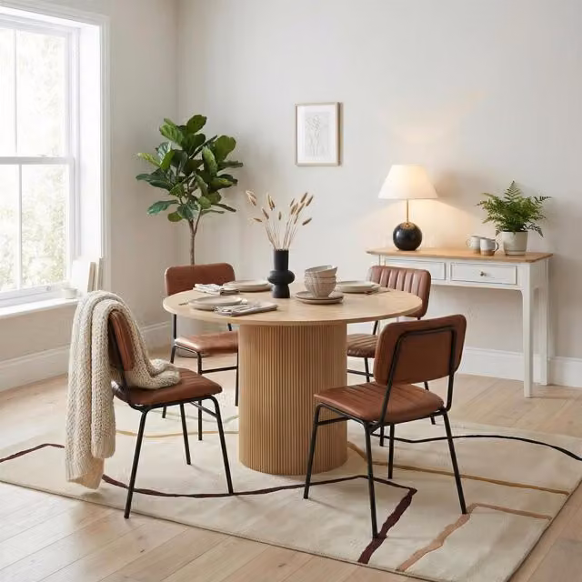 FurnitureboxUK Penrose Oak Effect Round Dining Table and 4 Delta Chairs in Tan