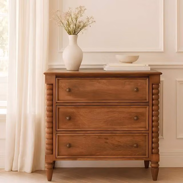 STILVORA Classic Oak Chest of Drawers with 3 Drawers and Spindle Legs in Brown