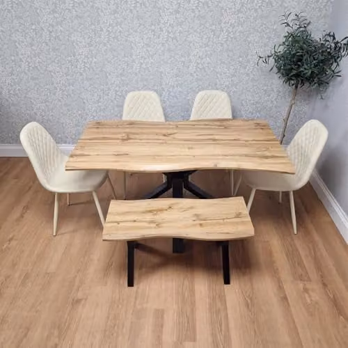 KOSY KOALA Industrial Dining Table Set in Brown with 4 Cream Chairs and 1 Bench