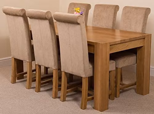 Oak Furniture King Kuba Solid Oak 6 Seater Dining Set with Washington Beige Upholstered Fabric Chairs, Natural Finish, W: 180 cm, D: 90 cm, H: 78 cm – 1