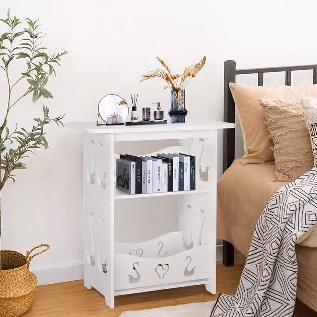 Livingandhome 2-Tier Modern White PVC Side Table for Bedroom and Living Room