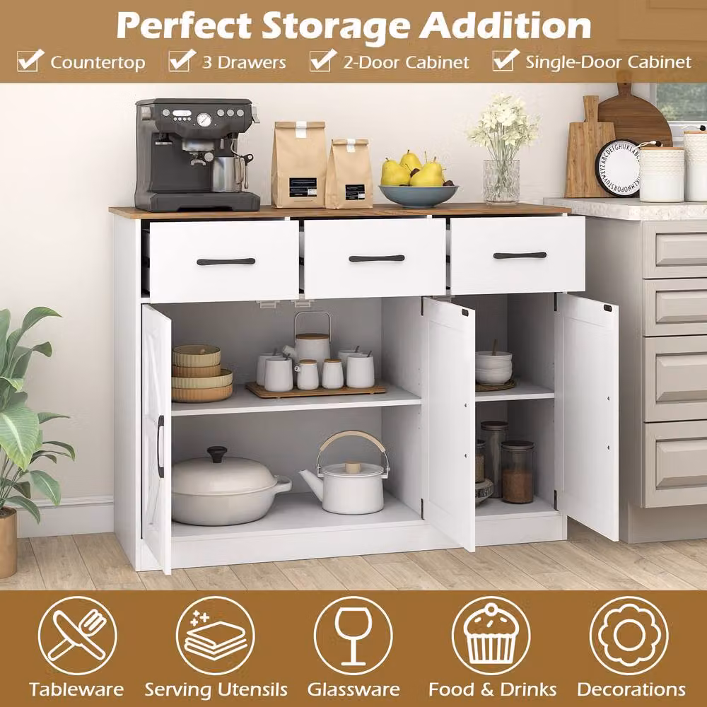 Gymax Farmhouse Large Sideboard Storage Cabinet with Drawers in White – 2