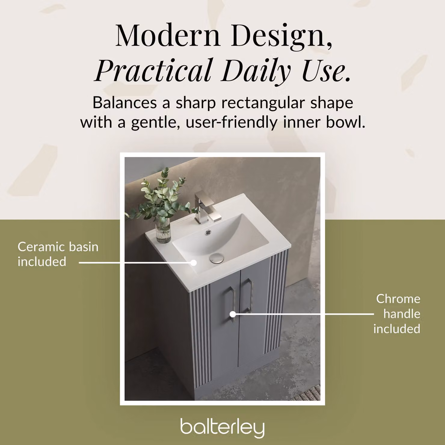 Balterley Floor Standing Grey Bathroom Vanity Unit with Rectangular Basin and Soft Close Doors – 5