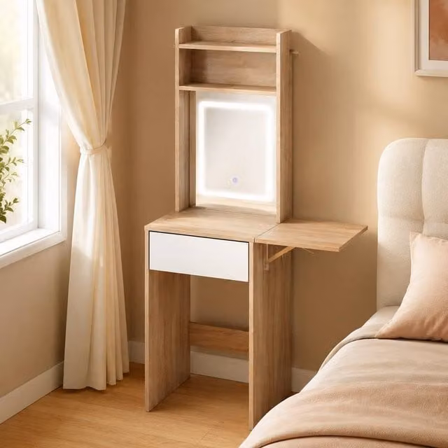 STILVORA Dressing Table with LED Mirror, Drop Leaf and Drawer in Beige – 1