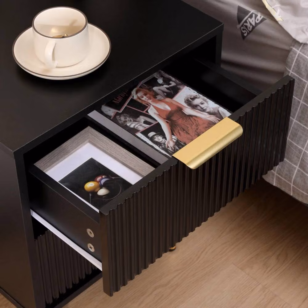 Nordara Black Fluted 2 Drawer Bedside Cabinet with Gold Metal Legs – 4