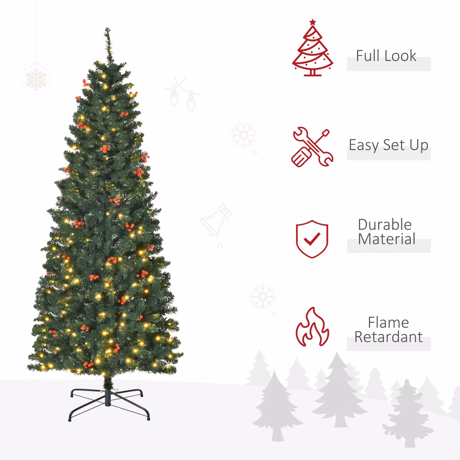 HOMCOM 6ft Artificial Pencil Christmas Tree with LED Lights and Berry Decor in Green and Red – 3