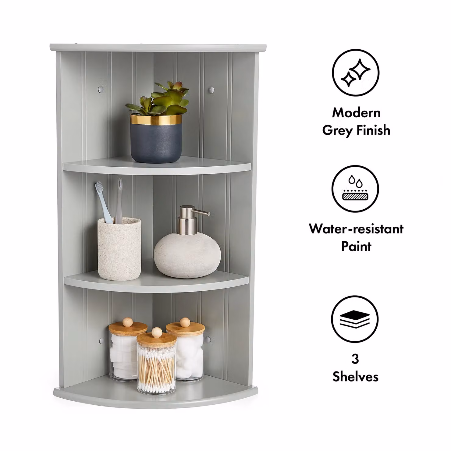VonHaus 3 Tier Grey Corner Shelf Unit for Bathroom, Living Room or Kitchen, Wall Mounted or Freestanding, W/D/H: 25.5 x 25.5 x 61.0 cm – 4