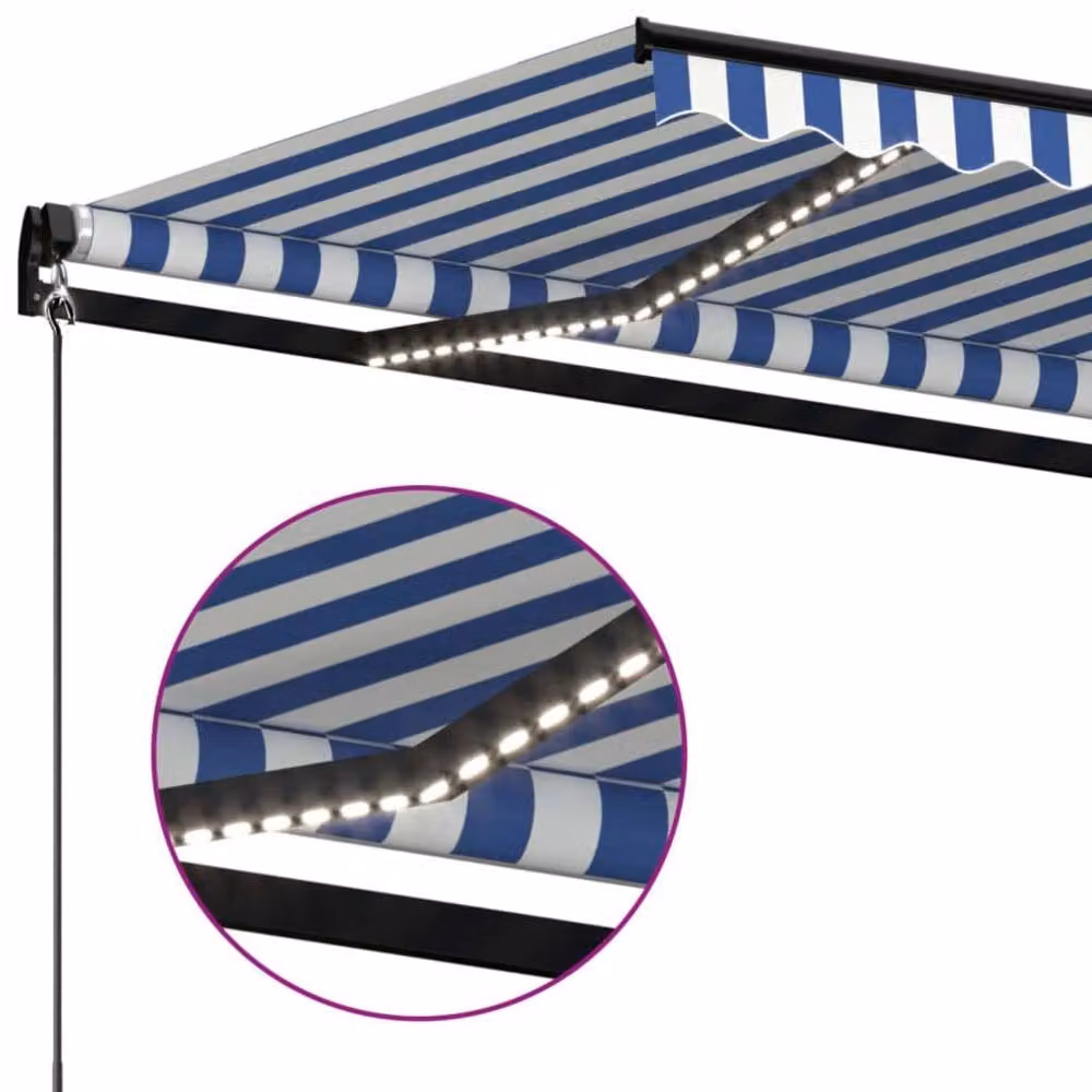 Berkfield Home Manual Retractable Folding Arm Awning with LED, Blue and White Striped, W: 450 cm, D: 350 cm – 3