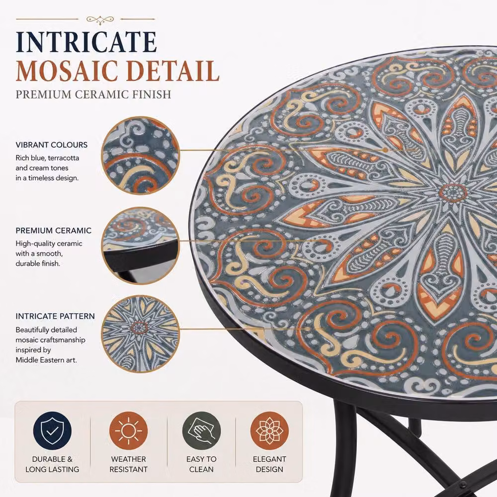 Shatchi Mediterranean Outdoor Mosaic Bistro Set with Multicolour Ceramic Table and 2 Folding Powder Coated Steel Chairs – 2