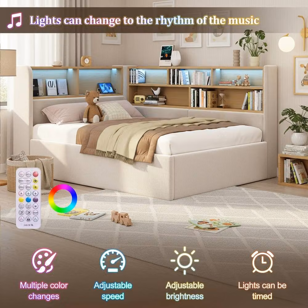 Merax Single Ottoman Bed with LED Headboard, USB Charging Ports and Bedside Shelf in Beige Fabric, W/D/H: 90 x 190 x 110 cm – 2