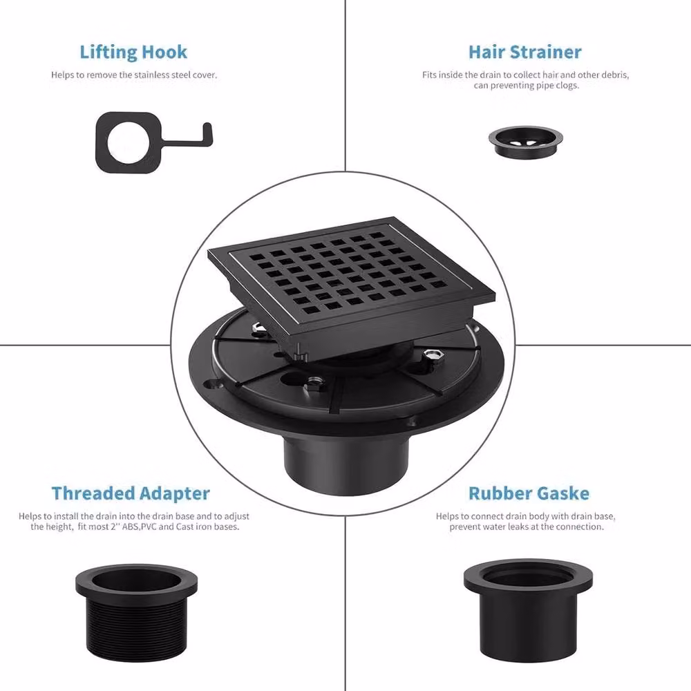 VOGREX 6 Inch Square Brushed Black High Flow Shower Floor Drain with Hair Filter – 3