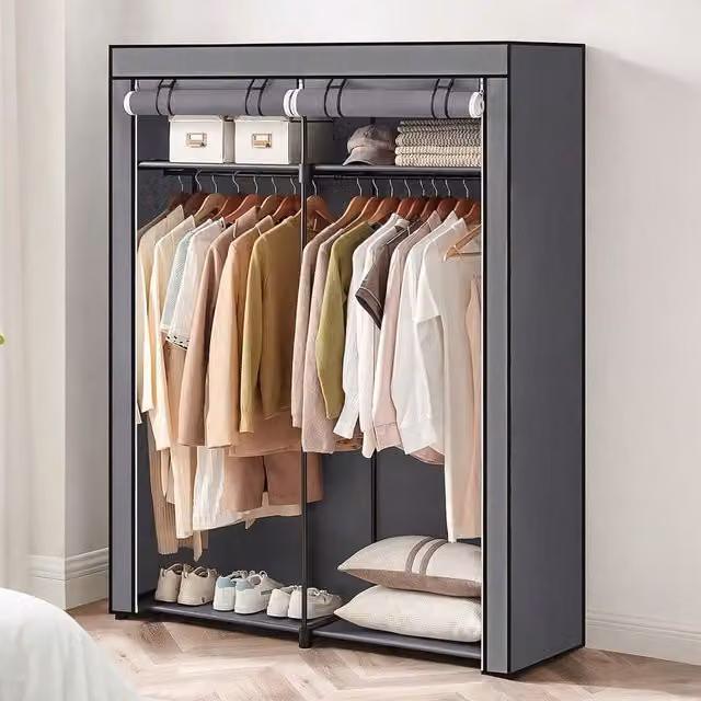 SONGMICS Modern Grey Fabric Wardrobe with Hanging Rod and Internal Shelves