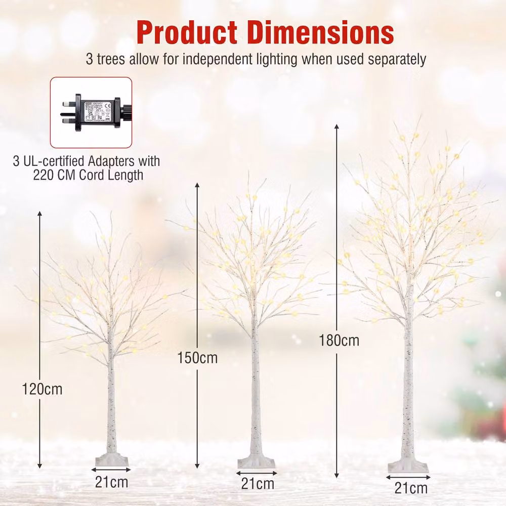 Costway Set of 3 Lighted White Birch Christmas Trees with Warm White LED Lights – 2