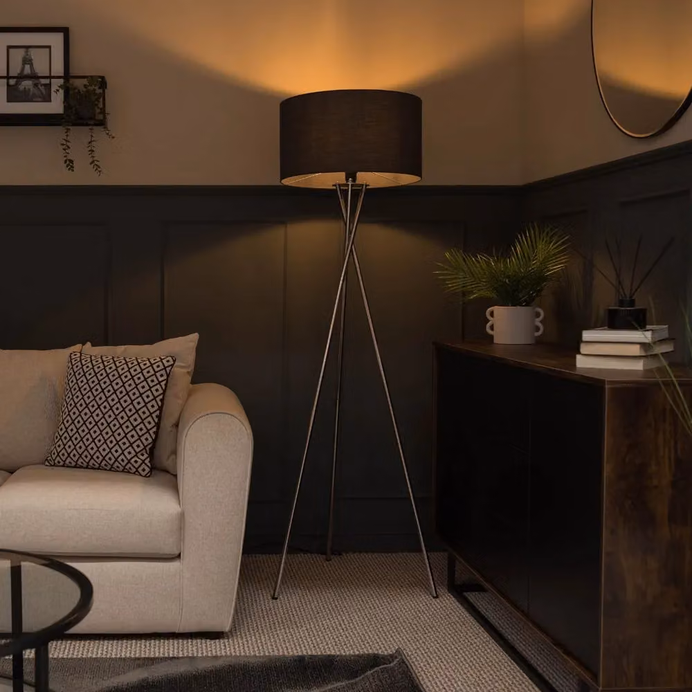 ValueLights Camden Polished Chrome Tripod Floor Lamp with Grey Fabric Drum Shade and Bulb, H 148 x W 62 cm – 2