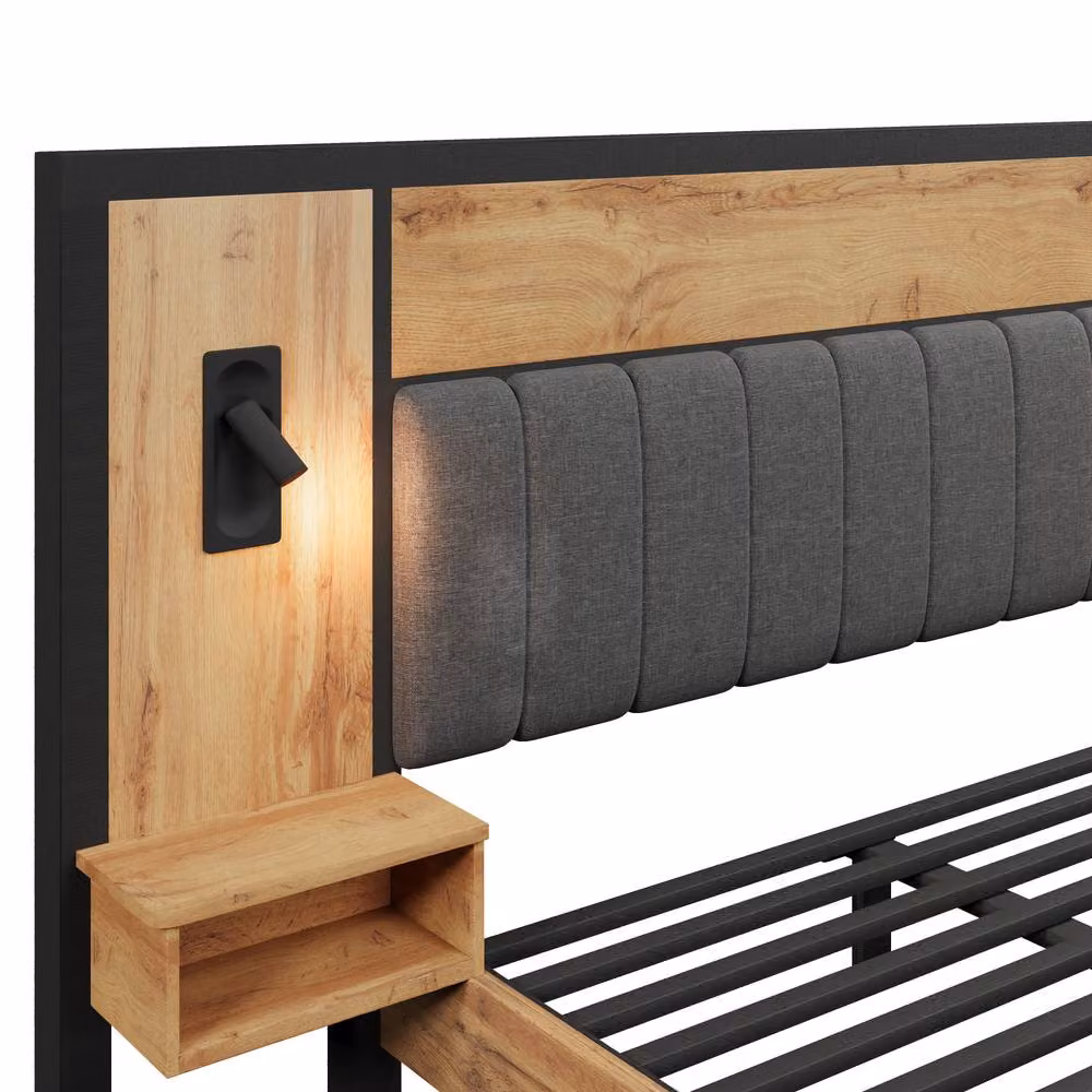 Merax Oak King Upholstered Bed in Grey with Lift-Up Storage, Integrated Reading Lights, Bedside Shelf and USB Charging Port, W/D/H: 150 x 200 cm – 9