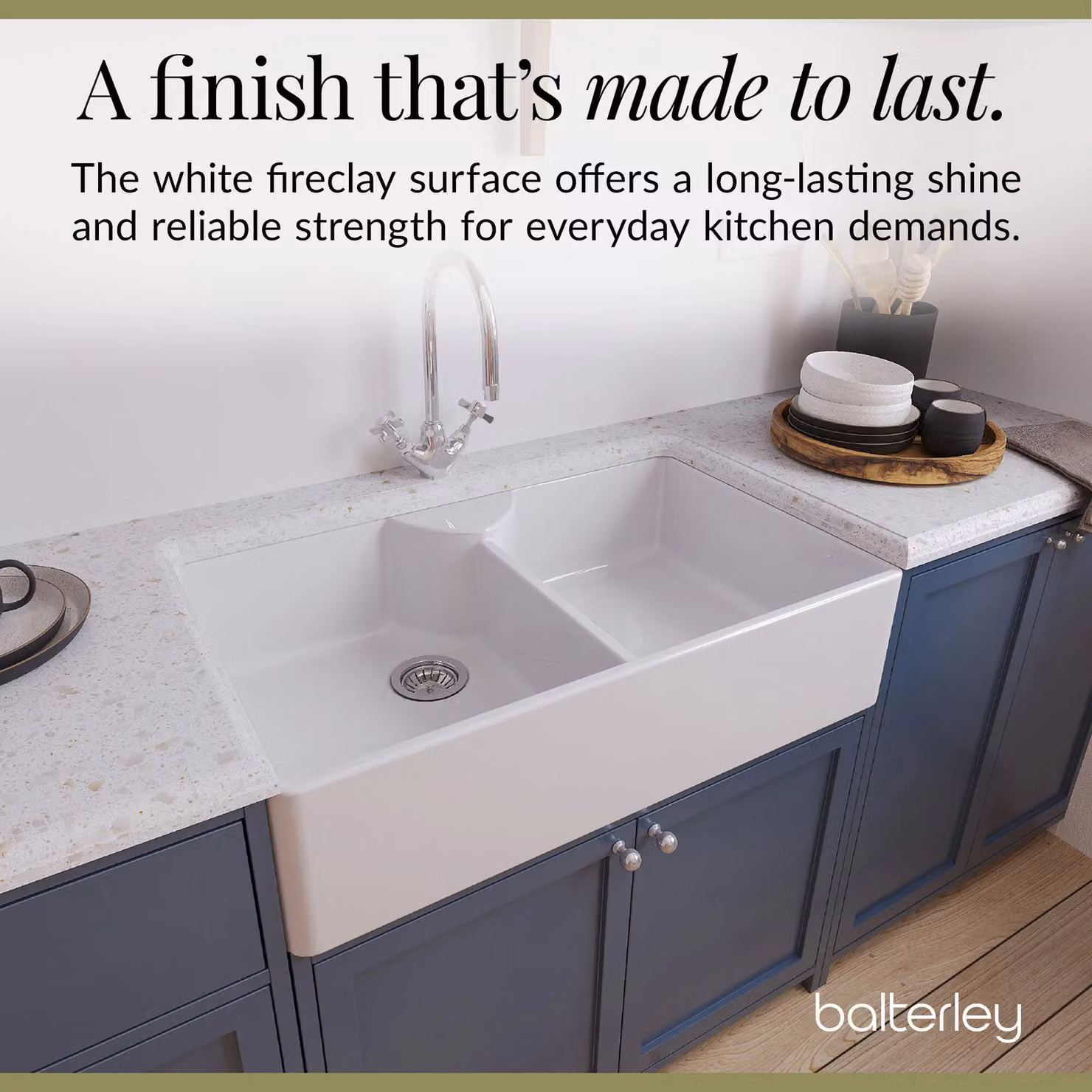 Balterley White Ceramic 2 Bowl Stepped Weir Butler Sink with Mono Mixer and Waste, W: 89.5 cm – 4