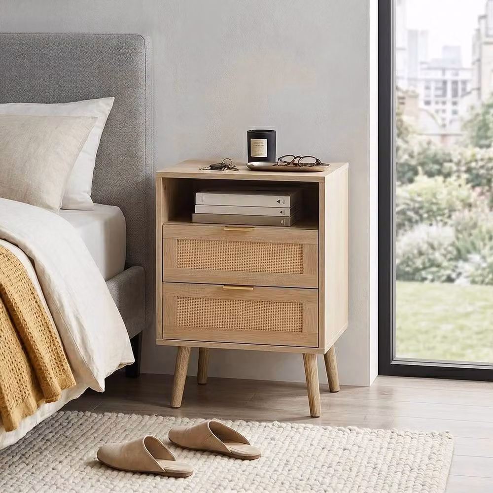 KORVIXA Boho Style Bedside Table with 2 Rattan Drawers in Natural Brown – 4