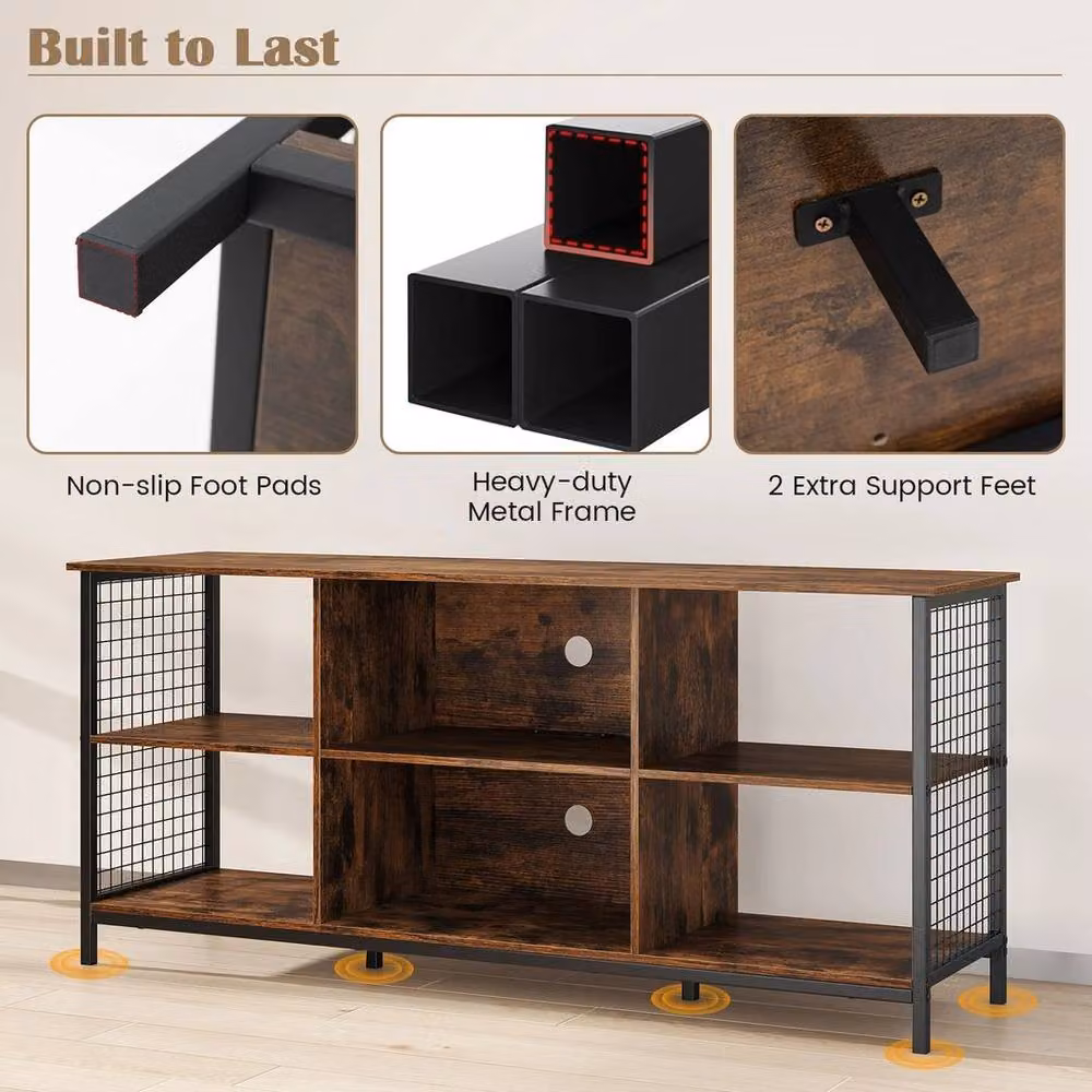 KORVIXA 3-Tier Industrial TV Stand for up to 65 inch TVs with Power Outlets and Grommet, Dark Brown – 4