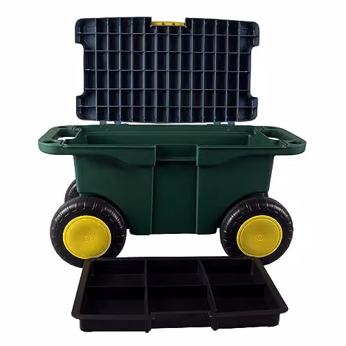 mysmartbuy Garden Tool Trolley and Seat in Green, Plastic Storage Cart with 4 Wheels, 2 Handles, Clasp Lid and Removable Tray, H: 30 cm, W: 55 cm, D: 27 cm – 9