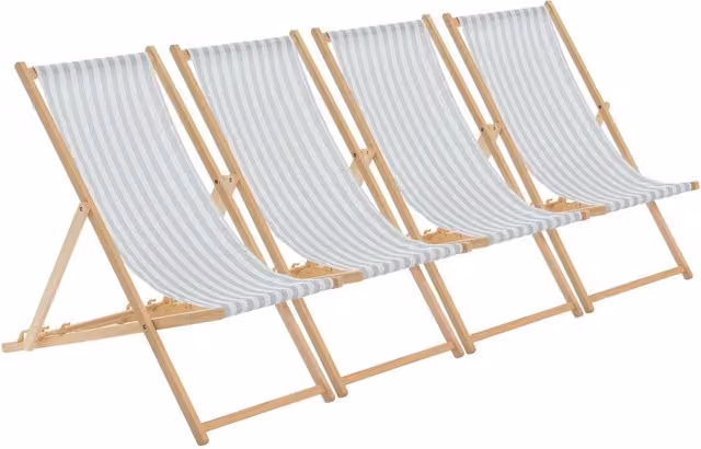 Harbour Housewares Folding Wooden Deck Chair in Grey Striped UV-Resistant Fabric