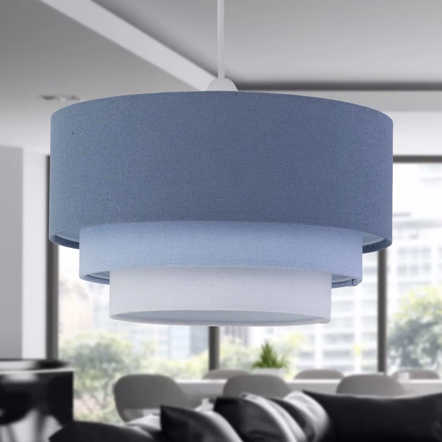 First Choice Lighting Gabi Set of 2 Blue Ombre Linen 3 Tier Cylinder Ceiling Light Shades – 4