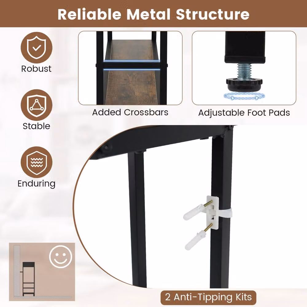 Costway 3-Tier Industrial Console Table with LED Light in Brown – 6
