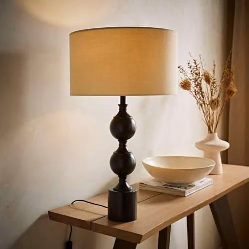 ValueLights Declan Metal Candlestick Table Lamp with Beige Fabric Drum Shade and Bulb – 1