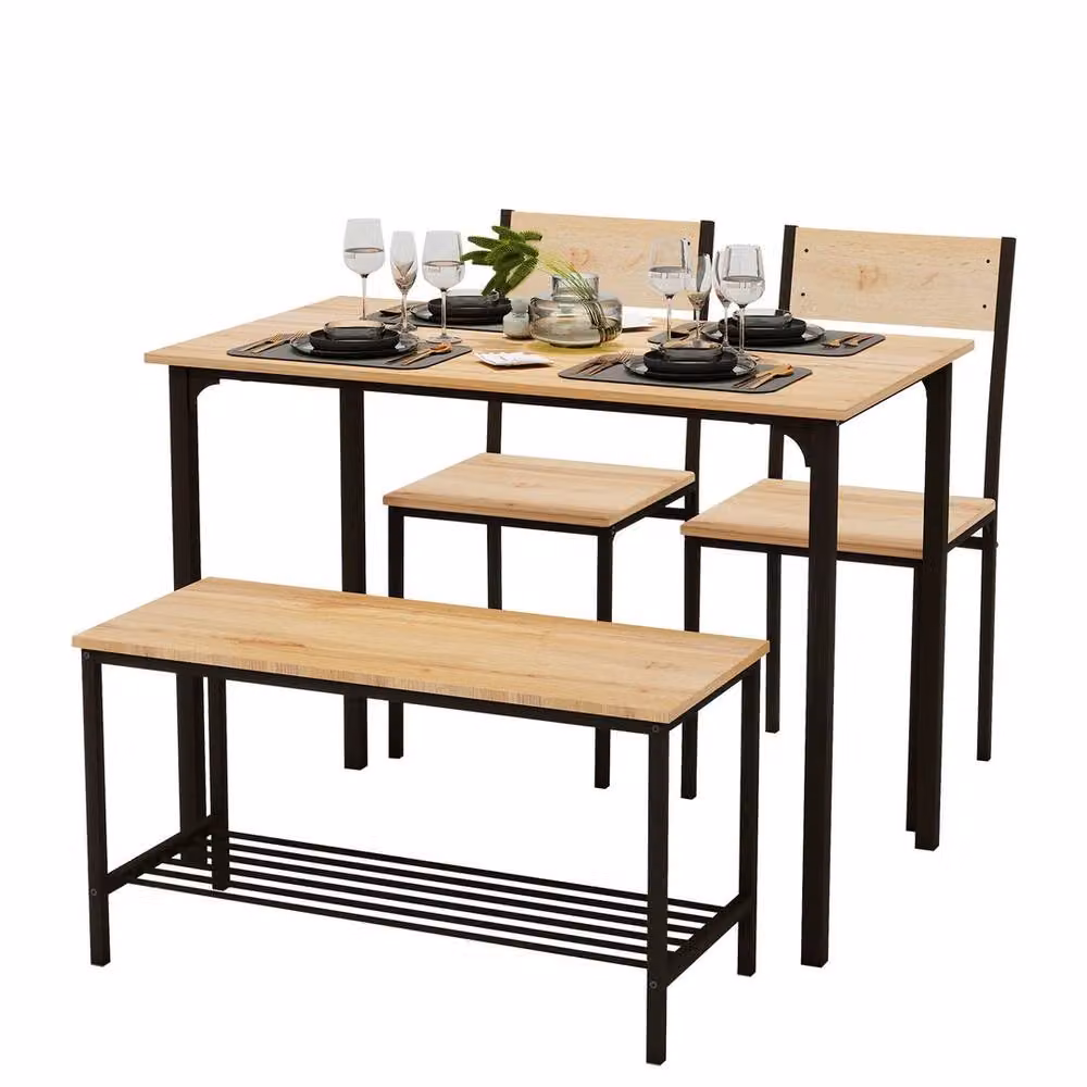 VOGREX 4-Piece Industrial Dining Set with Square Table, 2 Chairs and Bench in Beige, Brown and Black – 3