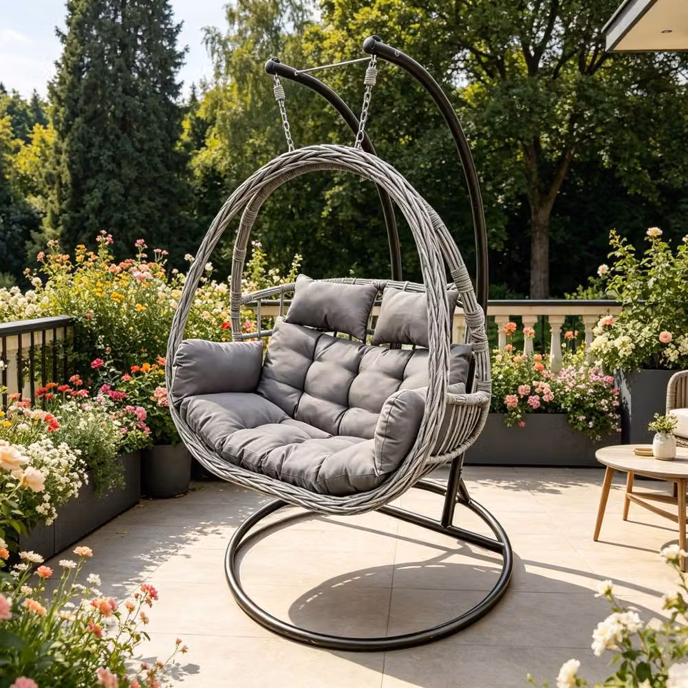 Fimous Rattan 2 Person Hanging Egg Chair with Weatherproof Cushions and Adjustable Headrest in Grey – 3