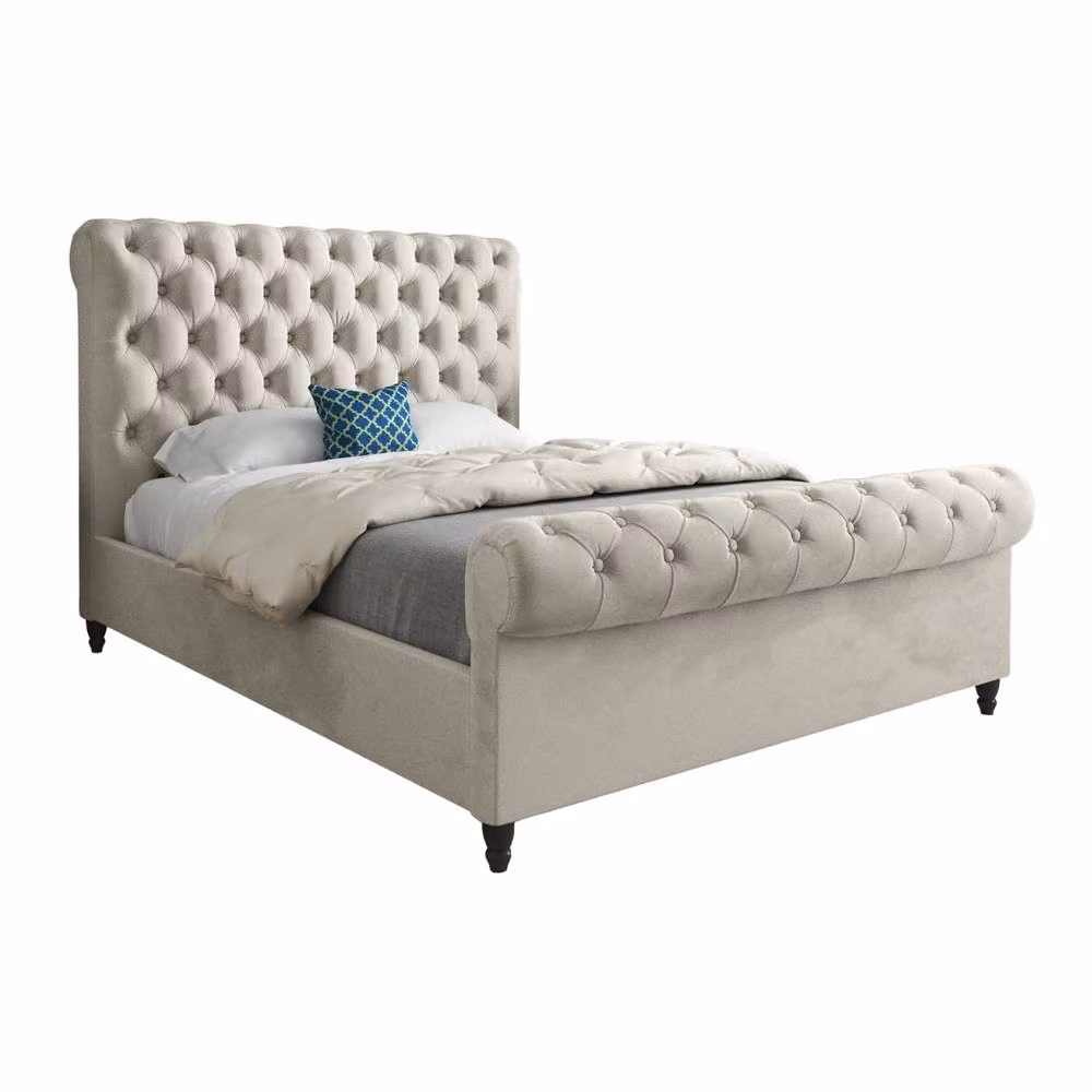 KDMD Toddington Sleigh Upholstered Designer Bed Frame in Beige Soft Velvet, Size: Double (140 x 200 cm) – 2