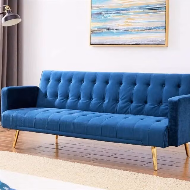 Comfy Living Plush Velvet Sofa Bed in Blue with Gold Metal Legs