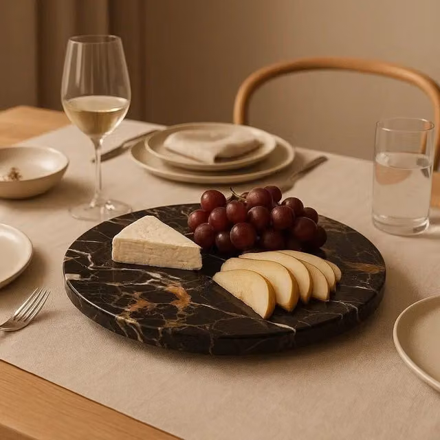 Orsina Black and Gold Marble Lazy Susan Round Rotating Serving Tray and Circular Stone Cheese Board